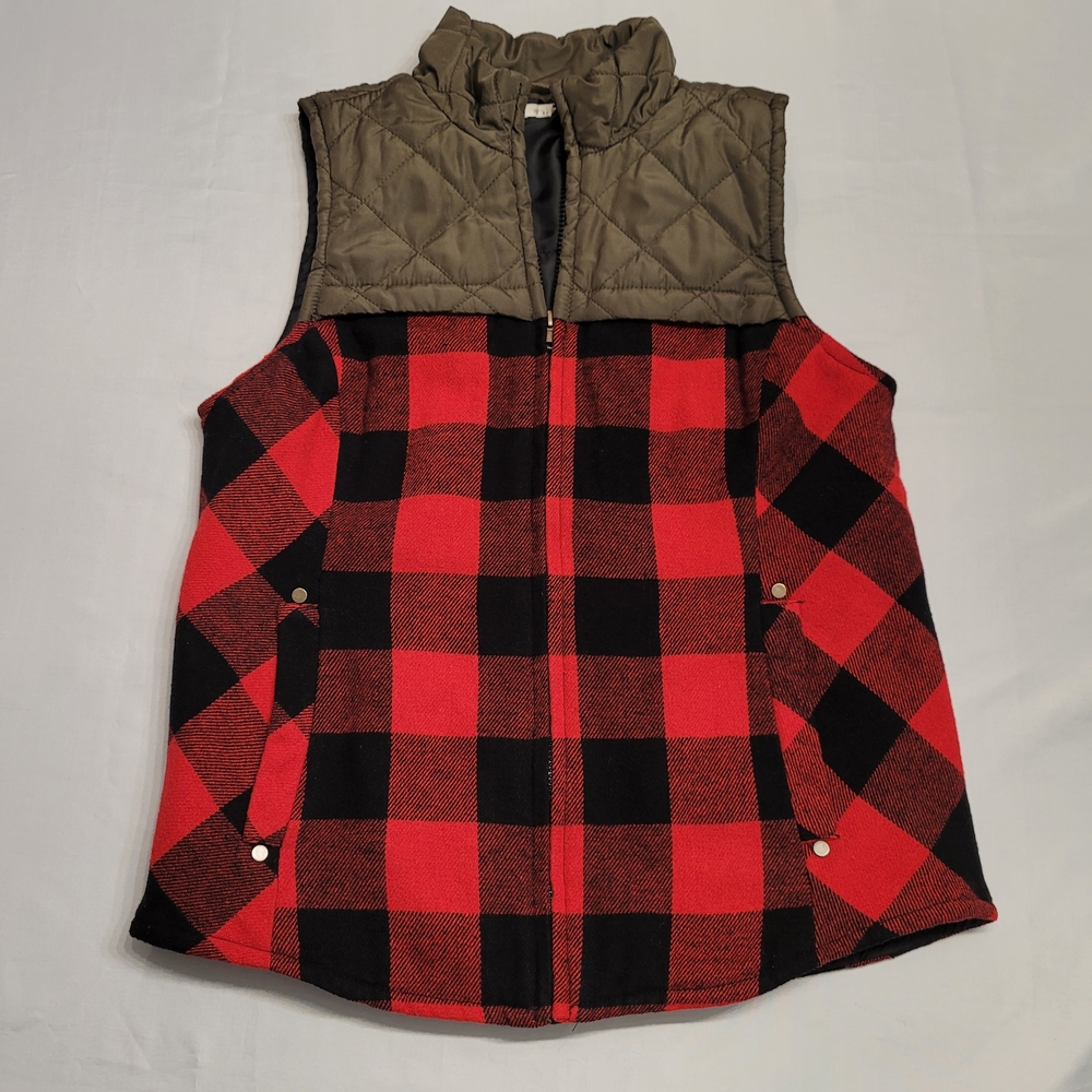 Buffalo Plaid Quilted Vest | Red Black Plaid + Olive Green